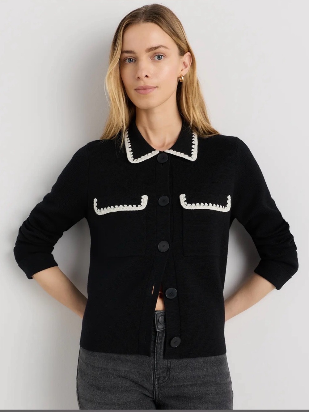 Quince Australian Merino Wool Crochet Trim Sweater Jacket black L new NWOT